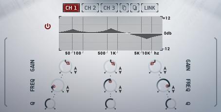 3.4.2 EQ Each channel has a 3-band parametric EQ Clicking on the EQ tab will display the EQ controls. The EQ Page Each band of the EQ has the same three controls: GAIN sets the gain for the band.