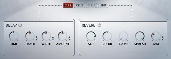 3.4.6 Space Clicking on the SPACE tab will display the delay and reverb controls. The Space Page The Space Page contains two effects: DELAY and REVERB.