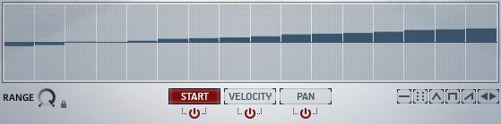 Below the tie buttons are the modulation tables. There are three tables, each linked to a specific parameter: START, VELOCITY, and PAN. The tables are accessed by using the tabs below the table.