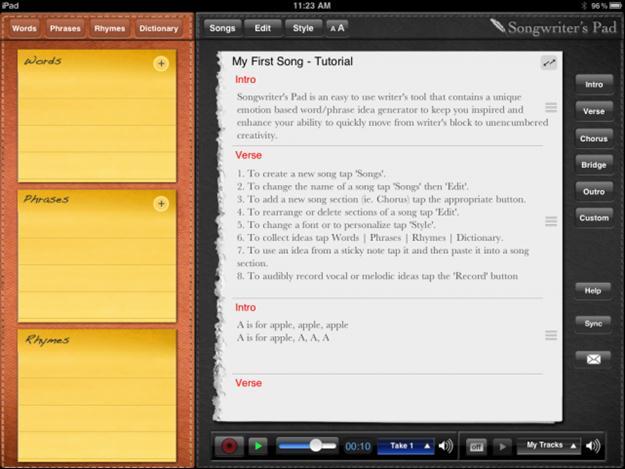 Initiate songwriting ideas by using several of the touch generators. One generator has a list of emotion words.