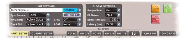 6.1.1 Unit and Global settings The upper area of the Orpheus Control Panel contains Unit Settings and Global Settings.