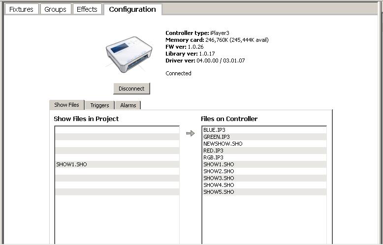 The ColorPlay 3 Environment Configuration Layer Connect Button Show Manager Click the Configuration tab to open and display the configuration layer.