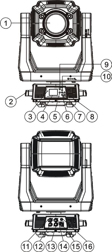 Fixture Overview 1: Lens 2: Handle 3: Microphone 4: Display 5: Left-button 6: Down-button 7: ENTER-button 8: Right-button 9: Mode/Esc-button