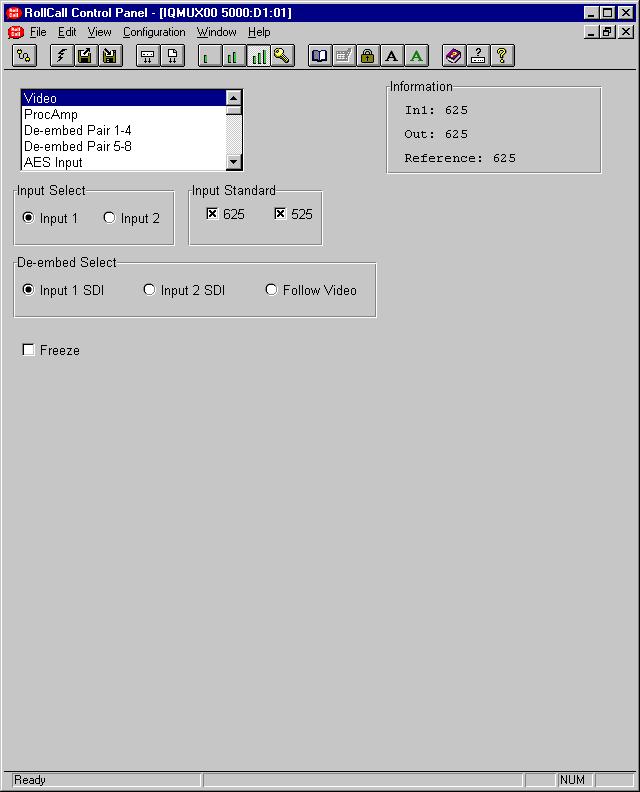 RollCall PC Control Panel Screens Video Input Select This allows either Input 1 or Input 2 to be selected for processing.