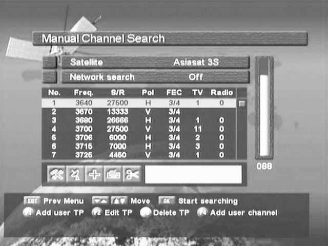 3. B. 1 Manual Channel Search Select the desired satellite using the left/right keys ( ). Select the Antenna Configuration icon using the browse keys(, ).