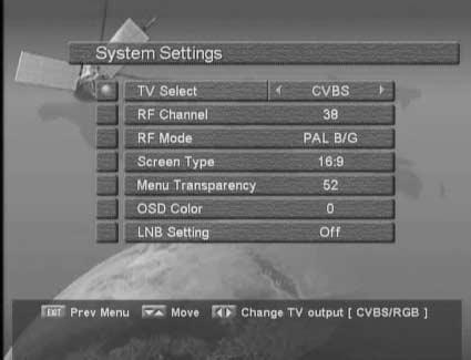 Select System Settings menu in main menu, and the following screen will be displayed. Time Mode Time Adjustment Current Time On Time Off Time : Select the time mode of your receiver.