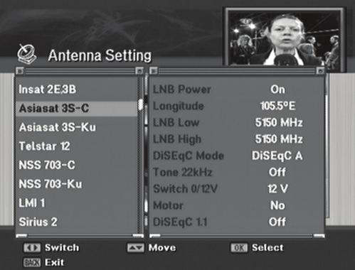 Chapter 4 >> Initial Settings and Operations Selecting the Antenna Setting 4 Select Antenna Setting using the Arrow ( / ) buttons and press the OK button. Antenna list and option list will appear.