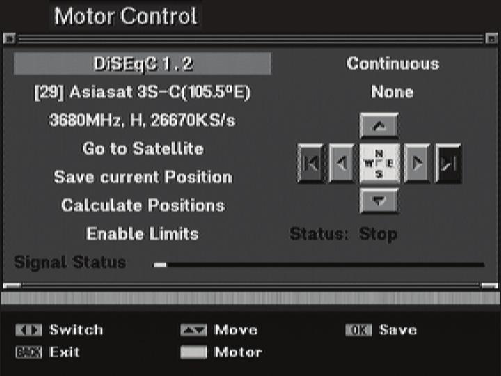 Chapter 5 >> Main Menu Installation >> Motor Setting Motor Setting DiSEqC 1.2 When Motor is set to DiSEqC 1.2 in the Antenna Setting menu.