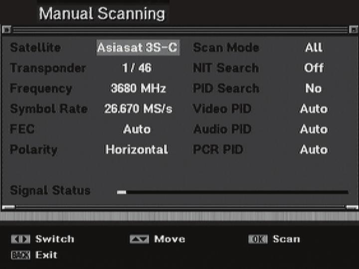 Chapter 5 >> Main Menu Installation >> Auto Scanning Auto Scanning If you select the satellite to scan channel according to the antenna setting, your receiver can automatically scan the satellite