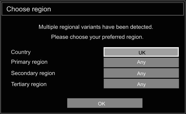 At the end of the search process, the Choose Region menu screen will be displayed (if any multiple region variants are detected). Please select country and region choice then press OK to continue.