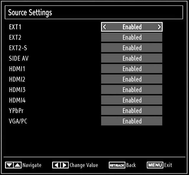 Configuring Source Settings You can enables or disable selected source options. The TV will not switch to the disabled source options when SOURCE button is pressed.