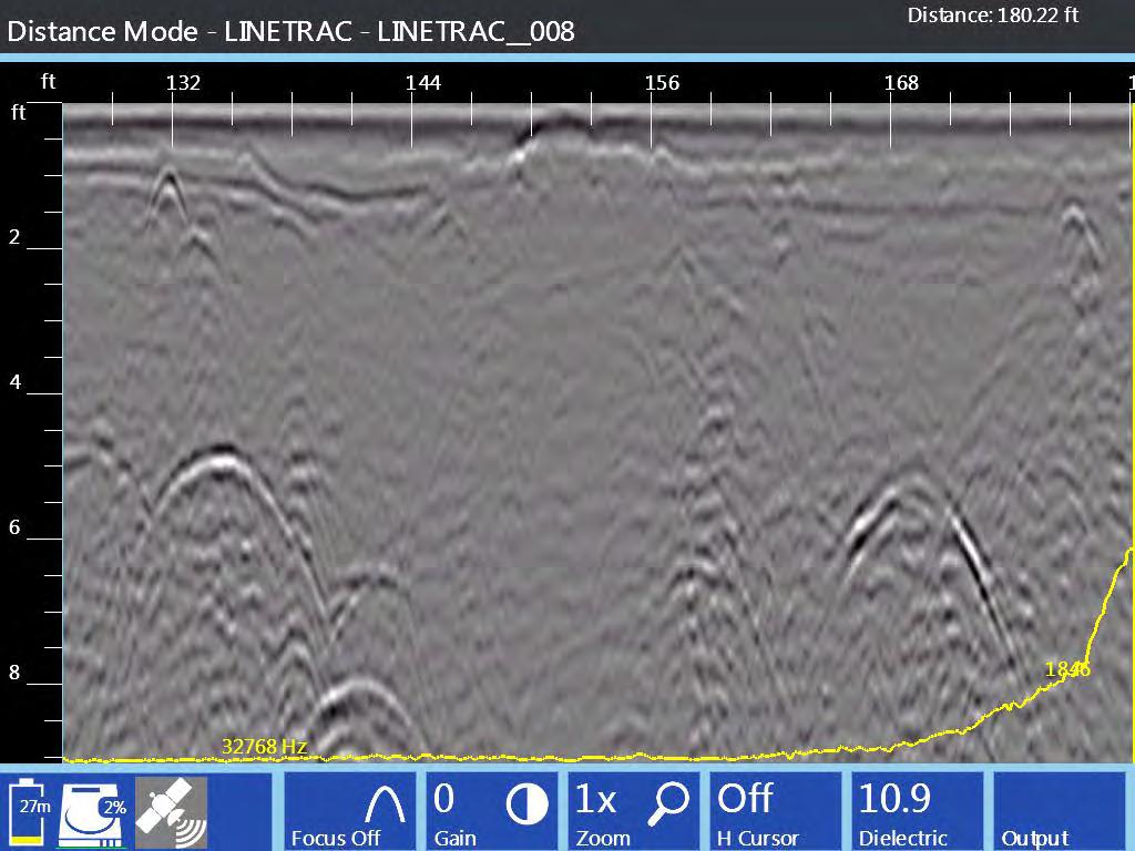 UtilityScan Pro Frequency Mode: Data Set 1-B The above image is a continuation of the proceeding image, but the UtilityScan system is approaching the buried gas line.
