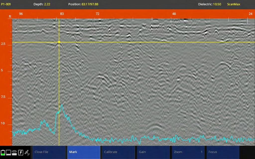 UtilityScan Frequency Mode: Data Set 1-D The UtilityScan s backup cursor function was used to identify the GPR reflector corresponding with the LineTrac data, the