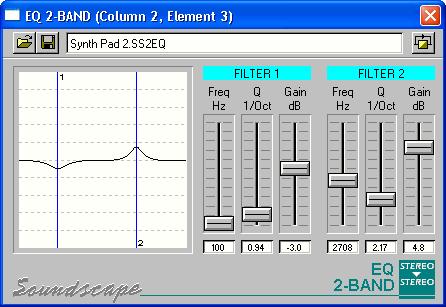 Double-clicking an EQ 2-band element opens the following window: The response of the EQ is shown in the curve display and you can adjust the parameters using the faders or value boxes in the usual