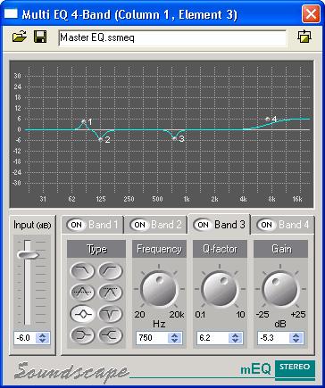 Double-clicking the multi EQ element will open the following window, where all the parameters can be edited in several ways: Below the curve display, to the left of the window, there is an input