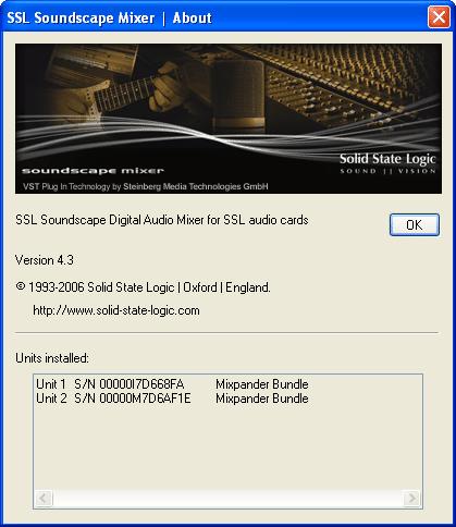9. Help Menu Clicking About SSL Soundscape Mixer under the Help menu opens the About SSL Soundscape Mixer window: Some essential information is displayed in this window: The version number of the SSL