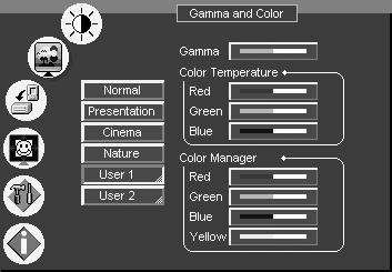 Figure 13: Gamma and Color Screen Choosing User 1 or User 2 from the Gamma and Color Screen illustrated in Figure 13, displays the Gamma, Color Temperature and Color Manager