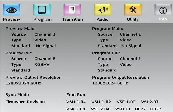 8.1.6 The Information Menu Items From the Info screen (see Figure 18), you can verify the program and preview source, video type and video standard as well as the PIP program and