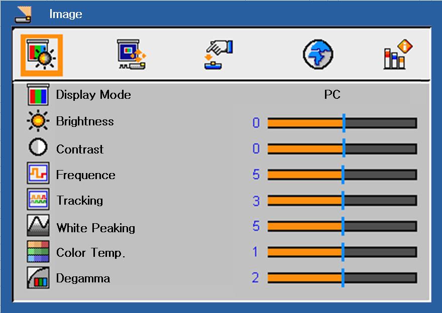 User Controls Display Mode Image (PC Mode) There are many factory presets optimized for various types of images. PC: For computer or notebook. Movie: For home theater. srgb: For standard color.