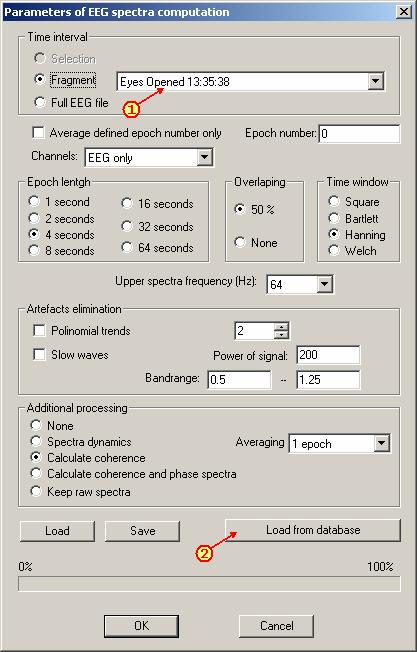 7. Press Load from database (arrow 2) button to define correct parameters for EEG