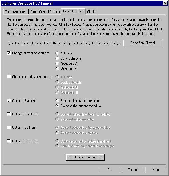The third tab of the dialog is for those options that can either be modified using a direct connection to the Firewall, or by using Compose commands on the powerline.