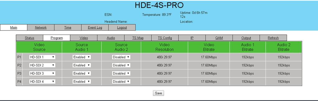 4 HDE-4S-PRO.. "Main > Program Screen The Main > Program screen (Figure.) is a user-configurable screen to select the video/audio sources for each input program: 4 Figure.