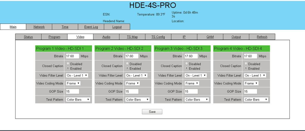 HDE-4S-PRO.4 "Main > Video" Screen The Main > Video screen (Figure.4) is a user-configurable screen to select the video encoder parameters for each input program: 4 6 4 6 Figure.