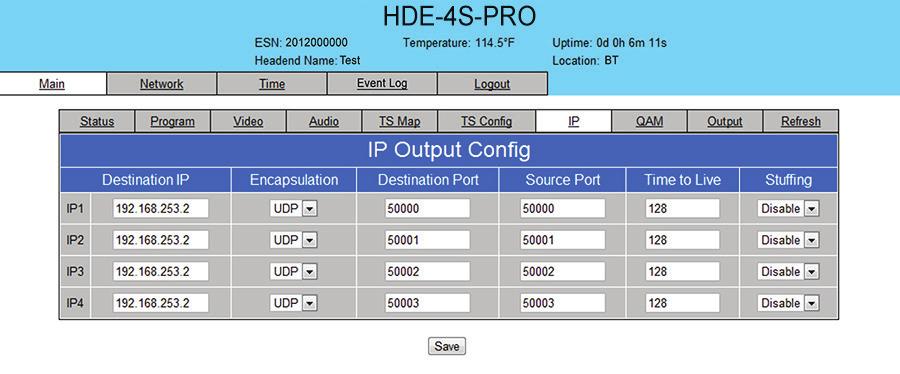 HDE-4S-PRO.8 "Main > IP" Screen The Main > IP screen (Figure.8) is a read and write screen to assign the IP parameters for the TS: 4 6 Figure.