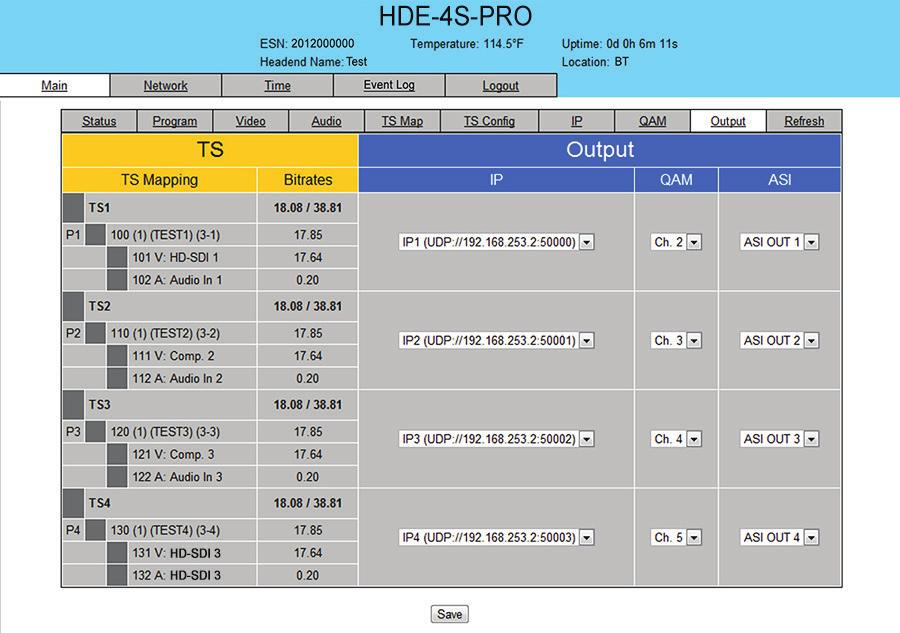 6 HDE-4S-PRO.0 "Main > Output" Screen The Main > Output screen (Figure.0) is a read and write screen to assign each TS to their desired IP, QAM, and ASI outputs: 4 Figure.