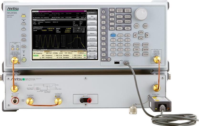 Connecting the Duplexer Box MN2555A to the Signal Analyzer MS2830A (MS2830A-040, 041, 043) supports integration of independent RF I/O