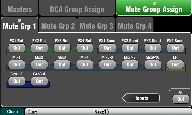 The larger Qu mixers present two pages of assignments. Touch the arrow button to navigate between the two pages. Touch buttons to assign sources in or out of the group.