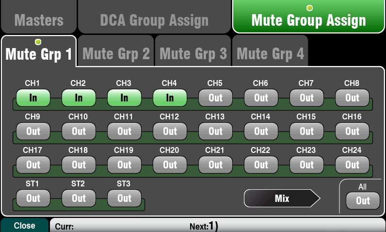 Press the Fn key again to close the Mute/DCA view. 6.13 Using Mute Groups There are 4 ways to access the Mute Groups: 1. Touch the master buttons on the Home screen. 2.