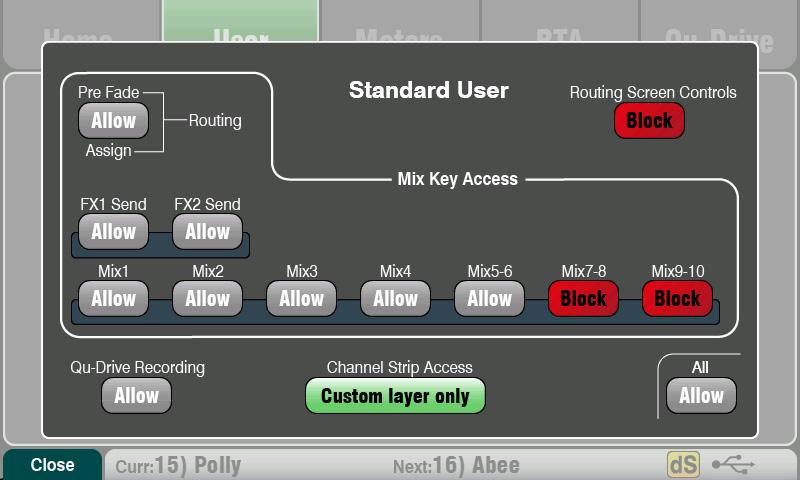 Admin configures the channel/mix access, layout, patching and scene range to be allowed for the daytoday or guest operator. Basic Faders and mutes only. This is for very simple level control.