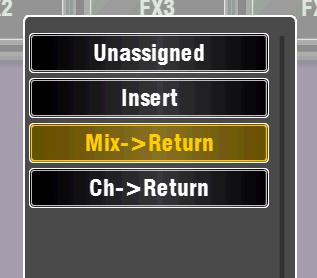 Touch Apply to confirm any changes: Mix>Return Known as a system effect this uses a bus to Send a mix of the channels to the effect, and a dedicated stereo FX Return