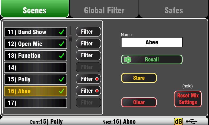 preferences User profile settings Network and MIDI settings Custom Layer Only option Scene contents A Scene is a snapshot of the Qu mixer settings.