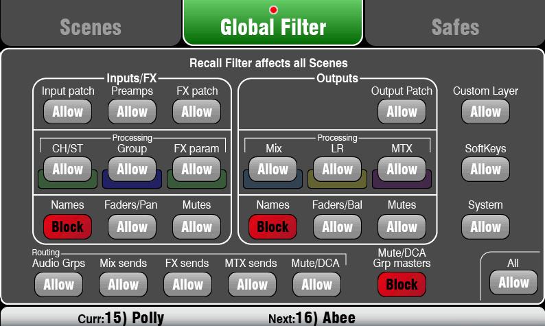 Filter parameters: Inputs/FX (All CH, ST, FX Ret, Groups) Input patch (Local, dsnake, USB) Preamps (Gain/Pad/Trim/48V/Pol) CH/ST process (Gate/PEQ/Comp/Dly) Group processing (not Qu16) FX patch FX