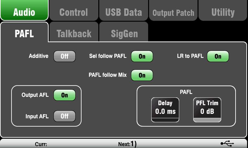 The Qu mixer always powers up with full brightness. 8.1 Audio Setup PAFL Choose how you want PAFL to work: Additive mode Select to listen to more than one channel at a time.