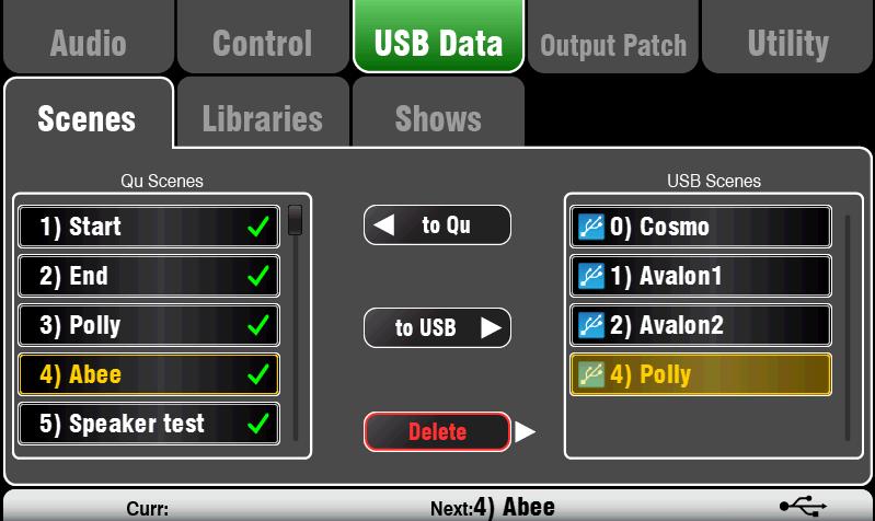 8.8 USB Data Scene Transfer Individual Scenes can be transferred between Qu mixers via a USB device (key or drive) plugged into the QuDrive port.