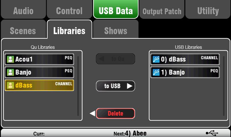 Make sure the USB device has been previously formatted using the Qu mixer Utility / QuDrive screen. The list on the left displays a list of scenes stored in the Qu mixer.