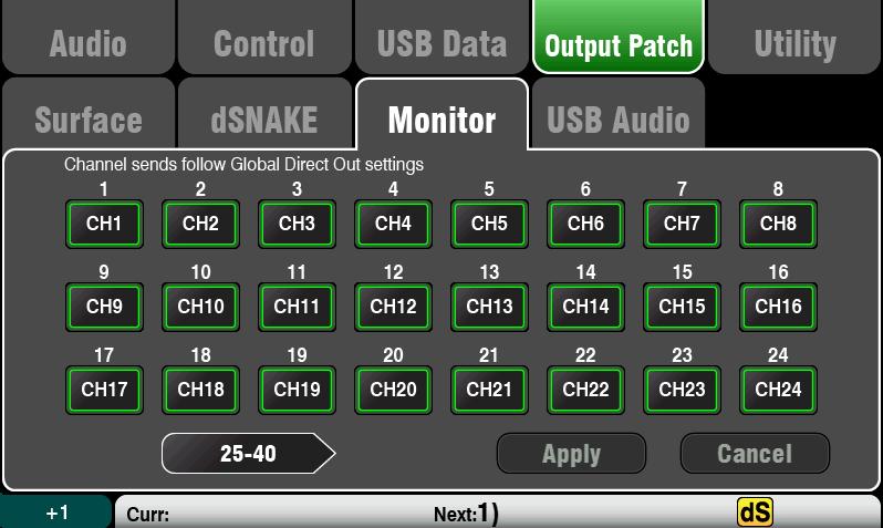8.13 Output Patch Setup Monitor This screen presents the patching of the dsnake remote monitor audio outputs. This allows the Qu mixer to work with the Allen & Heath ME Personal Monitor mixing system.