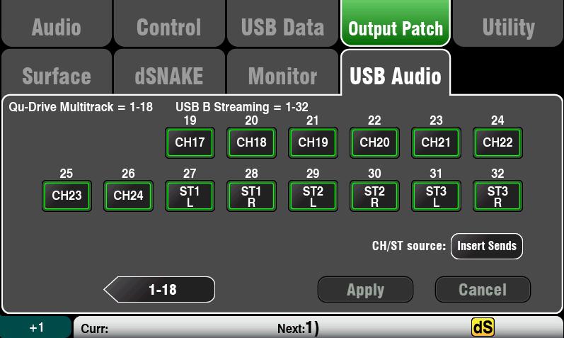 Stream audio to the computer Audio is sent via the rear panel USB B port. Go to the Setup / Output Patch / USB Audio screen to choose which Qu outputs to patch to the USB stream.