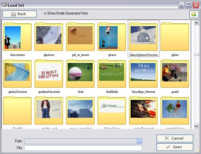 Once you have clicked I would like to open and edit and existing Set, the Set browser opens. It displays all of the Sets included in the Sets folder of the DirectSmile program directory. Fig.