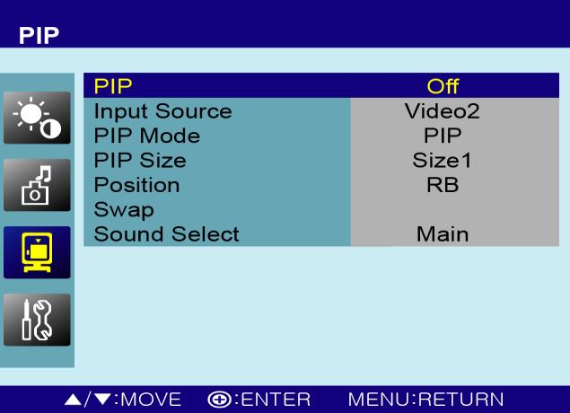 C. PIP Option Function Value PIP Activates the PIP feature. Off or On Input Source Selects the input source for the PIP area. See table below PIP Mode Enables 3 screen size.