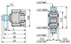 Product data sheet Dimensions Drawings LC1D50AFE7 Dimensions (1) Minimum electrical clearance LC1 D40A D65A a 55 b1 with LA4 D 2 with LA4 DB3 or LAD 4BB3 with LA4 DF, DT with LA4 DM, DW, DL 136 157