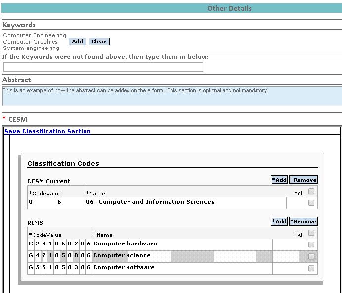 In this section, you can add keywords, an abstract as well as a CESM code to the research output (select only ONE CESM code). To add keywords, click on the Setbutton under the Keywords subsection.