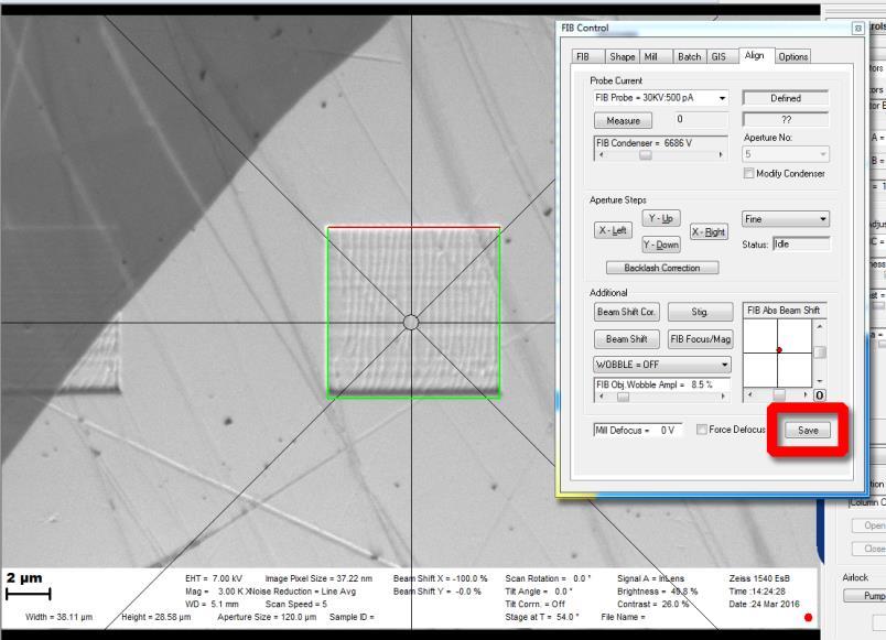 And DON T FORGET to click Save again (Figure 24) You have aligned it! Figure 24 matching squares. Notice that the circle in the FIB Abs Beam Shift sub-window is no longer cantered.