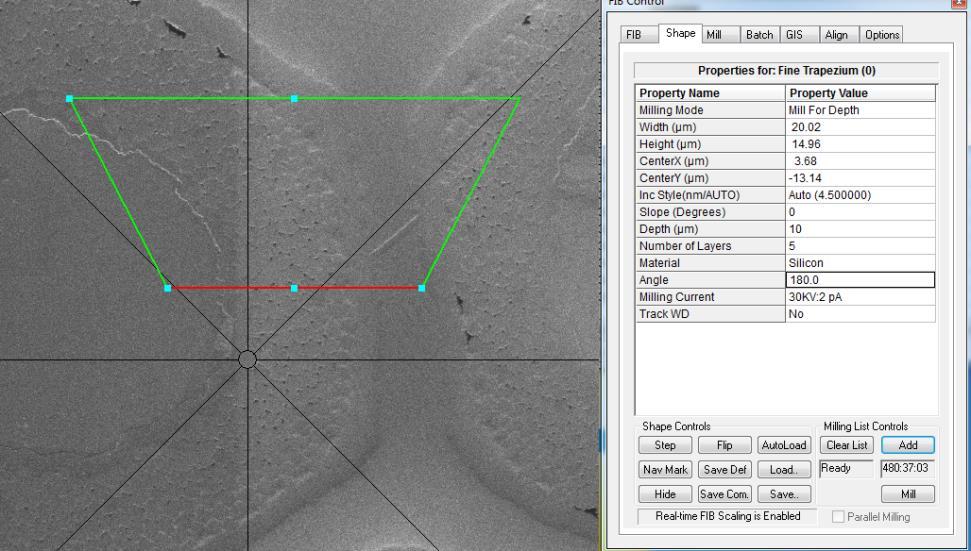 These are the trench settings of Figure 28: 1. Use milling for depth instead of time. Figure 28 shape parameters Image obtained using ZEISS SmartSEM software www.zeiss.com/smartsem 2.