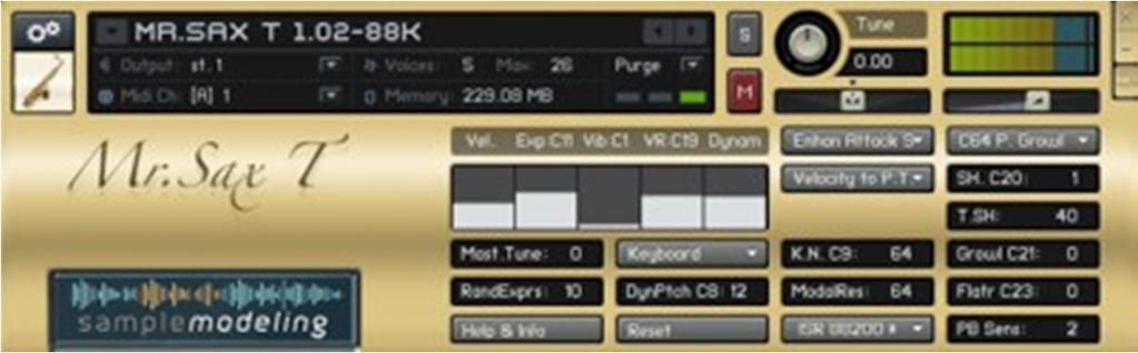The Instrument At the user interface level, Mr. Sax T. is a standard Kontakt instrument, albeit one that makes heavy use of scripting to respond to the user's playing.