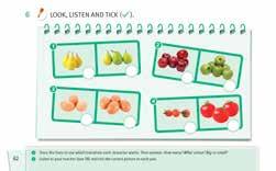 6 AB, 62 LP: Developing listening skills: listening for specific information number, size and colour. N-LP: Listening, identifying and ticking the corresponding food items.