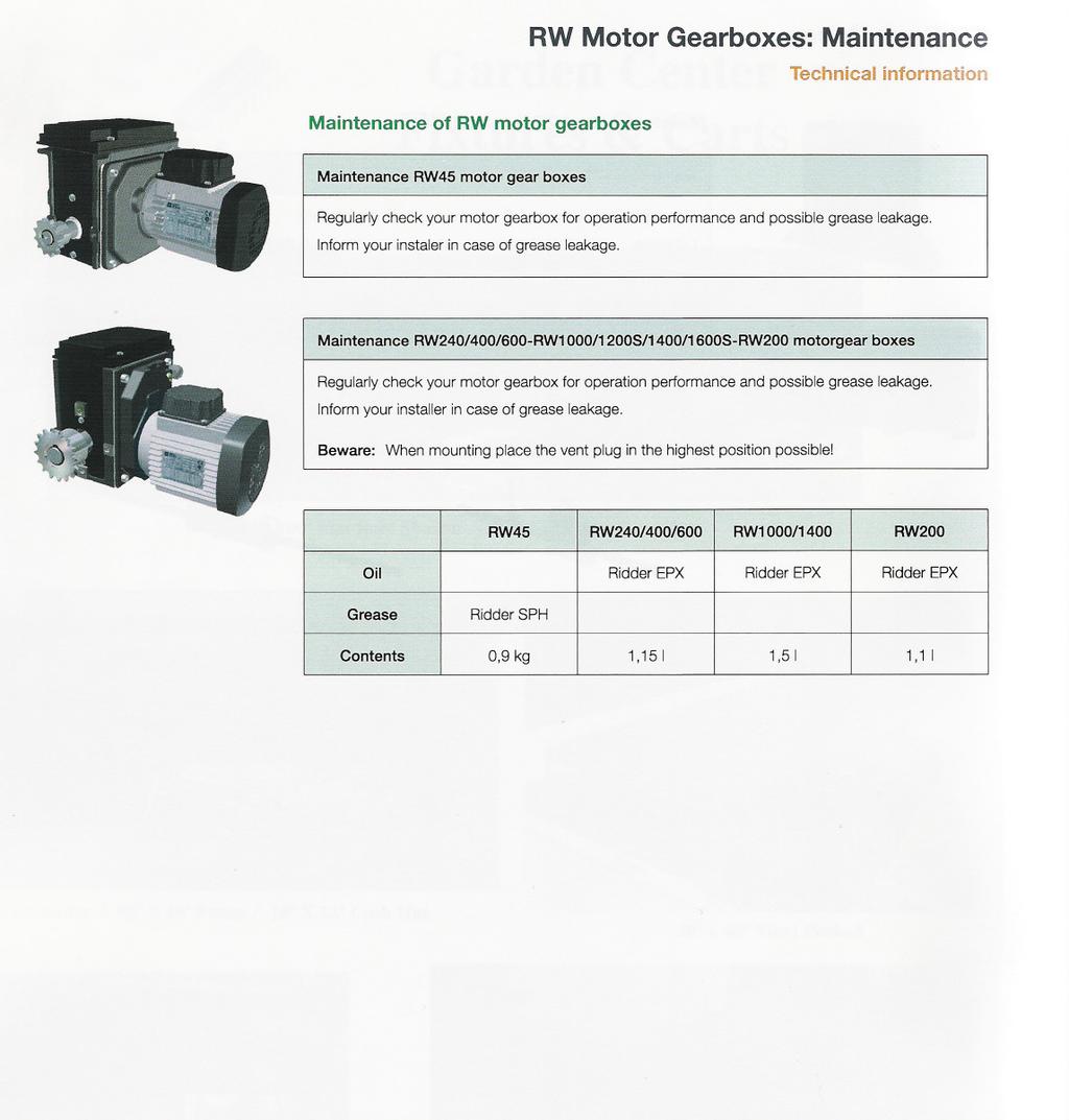 Maintenance of RWmotor gearboxes RW Motor Gearboxes: Maintenance Technicalinformation Maintenance RW45motor gear boxes Regularly check your motor gearbox for operation performance and possible grease